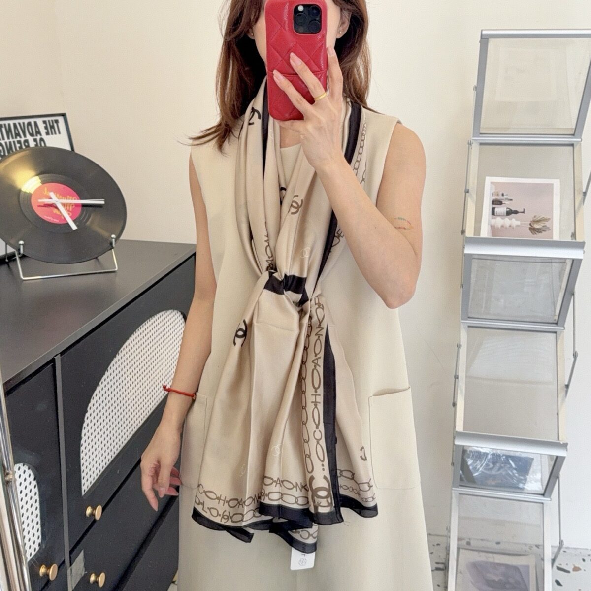 Silk Satin Silk Long Gucci Scarf Milk tea color - Image 4