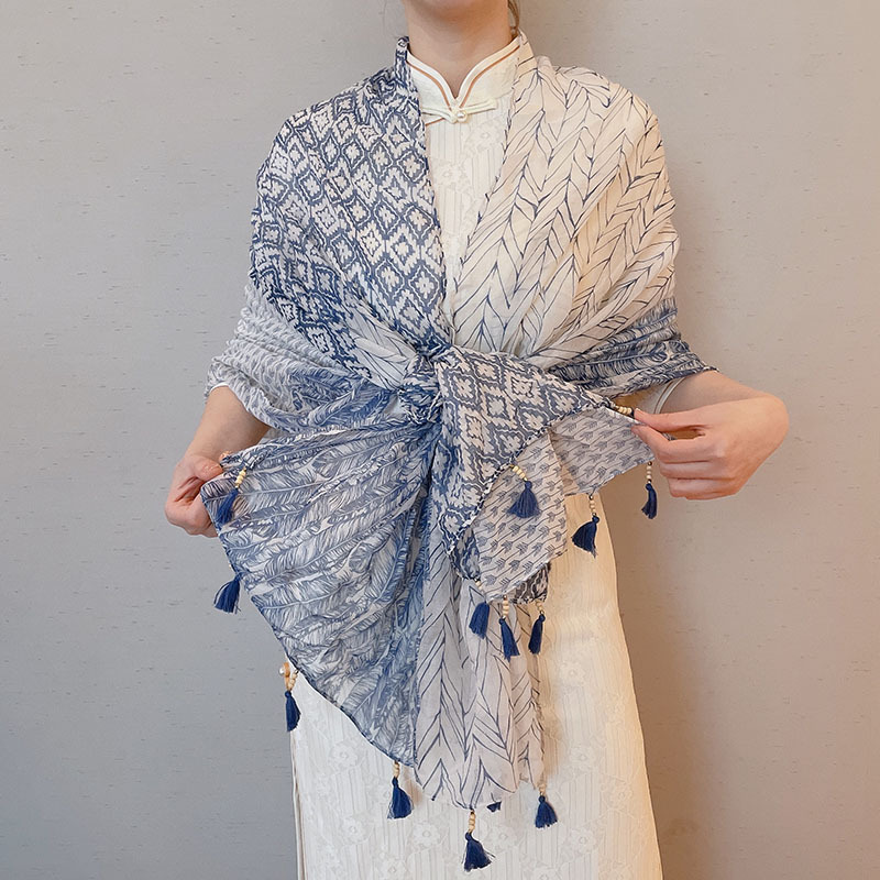 O1CN011GInTC1lO76W5LL00_!!2215162174808-0-cib Premium Quality cotton and linen Long Scarf Plaid Wheat Blue - Image 1