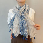 Premium Quality cotton and linen Long Scarf Plaid Wheat Blue - Image 5