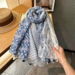 Premium Quality cotton and linen Long Scarf Plaid Wheat Blue - Image 6